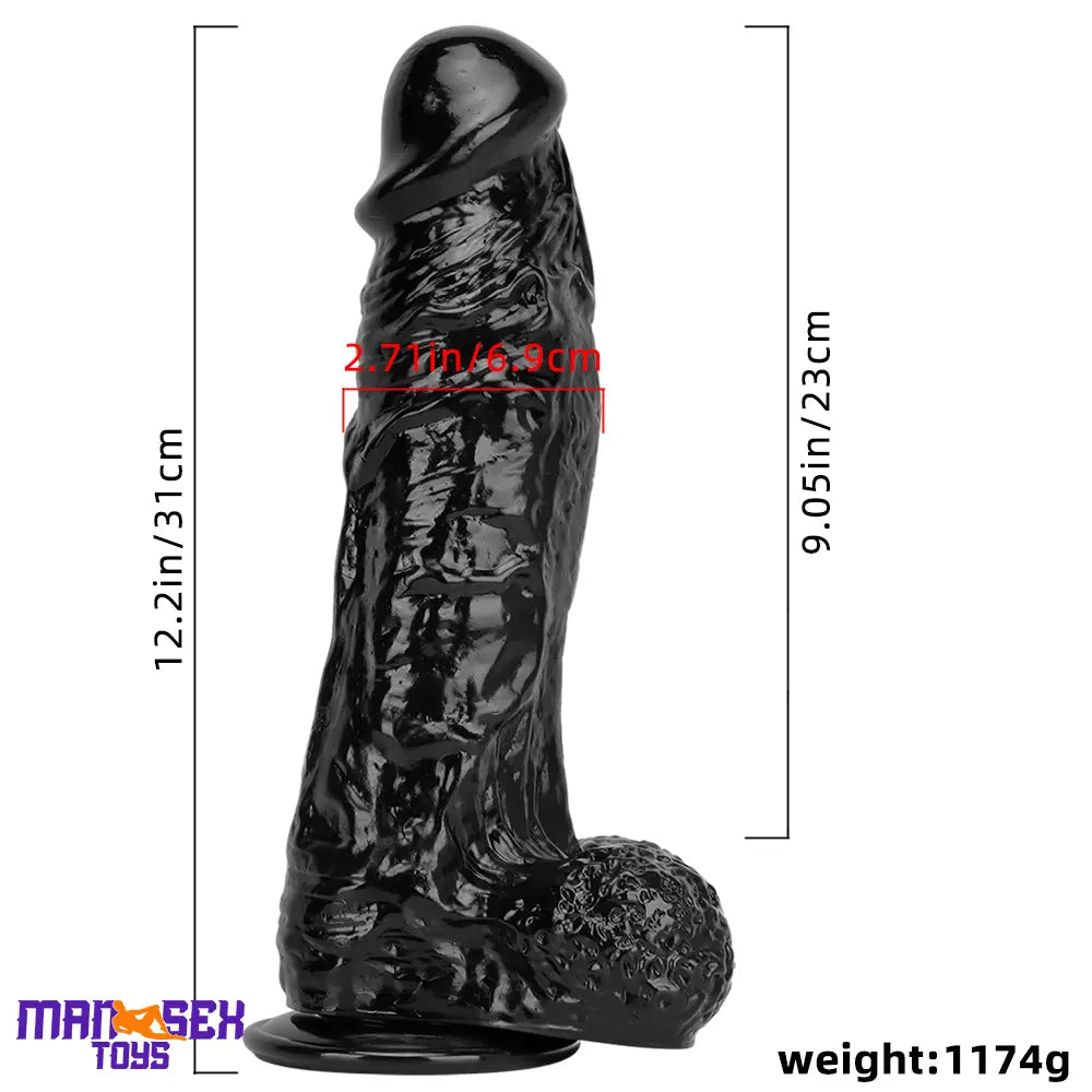 12.2in Super Big Thick Realistic Black Dildo BDSM Sex Toy Suction Cup Base