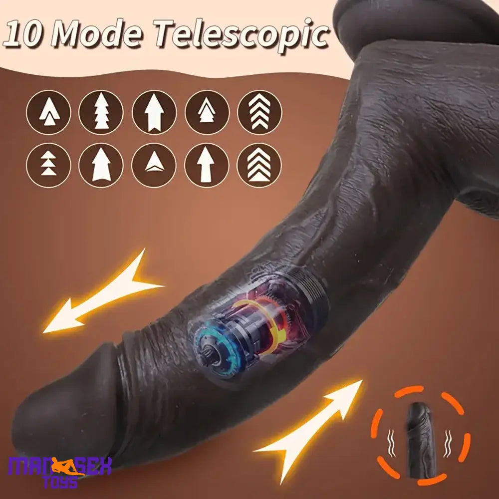 8.66in Usb Powered 10 Vibrating 9 Thrusting Remote Silicone Ebony Anal Dildo